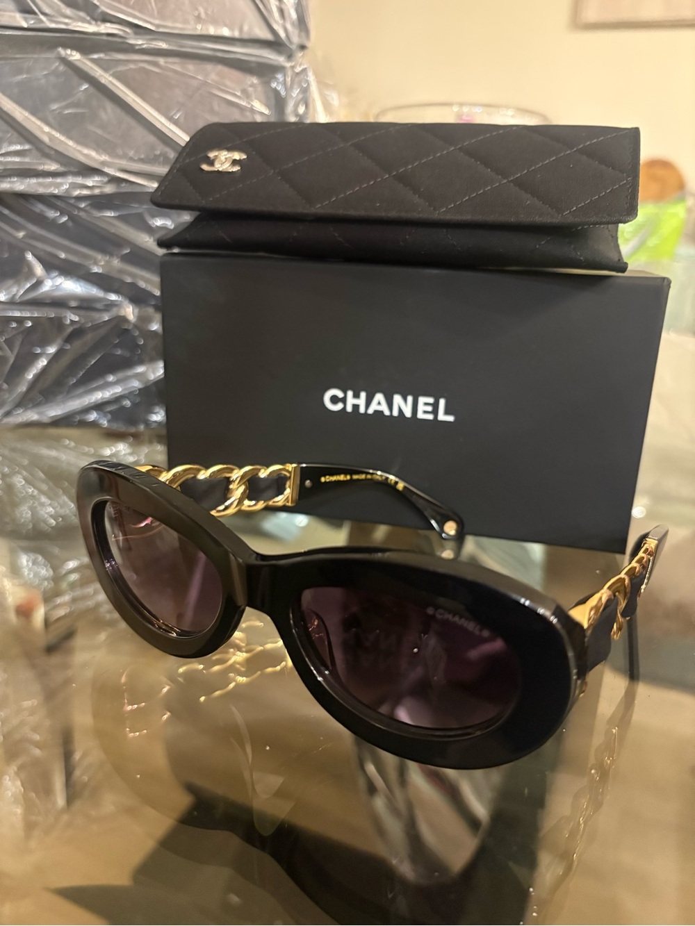 CHANEL Black Sunglasses with Gold Chain Temples